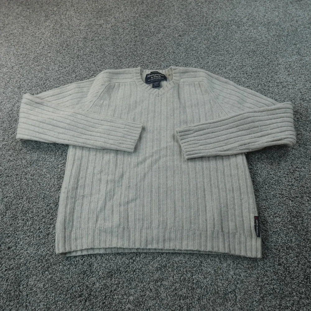 VTG Abercrombie Fitch Sweater Mens L Gray Lambswool V Neck Rib Knit Pullover 90s